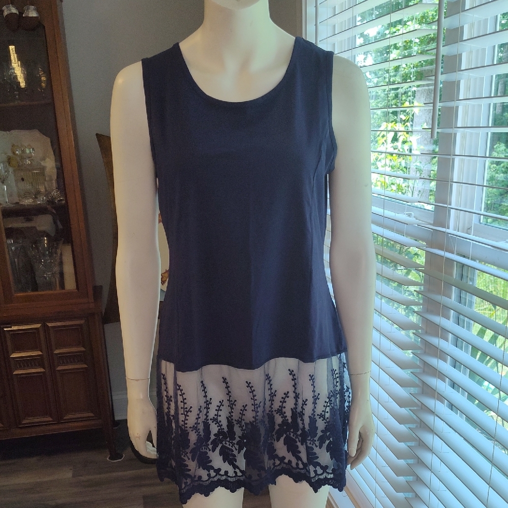 Kathleen Kirkwood Navy and White Lace Trim Tank Top